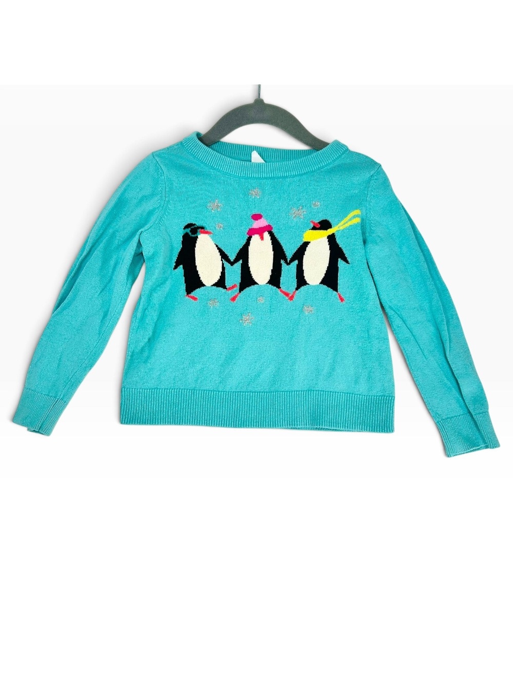 Baby Gap Toddler Girls 3T Aqua Teal Knit Sweater Dancing Penguins Winter Snow